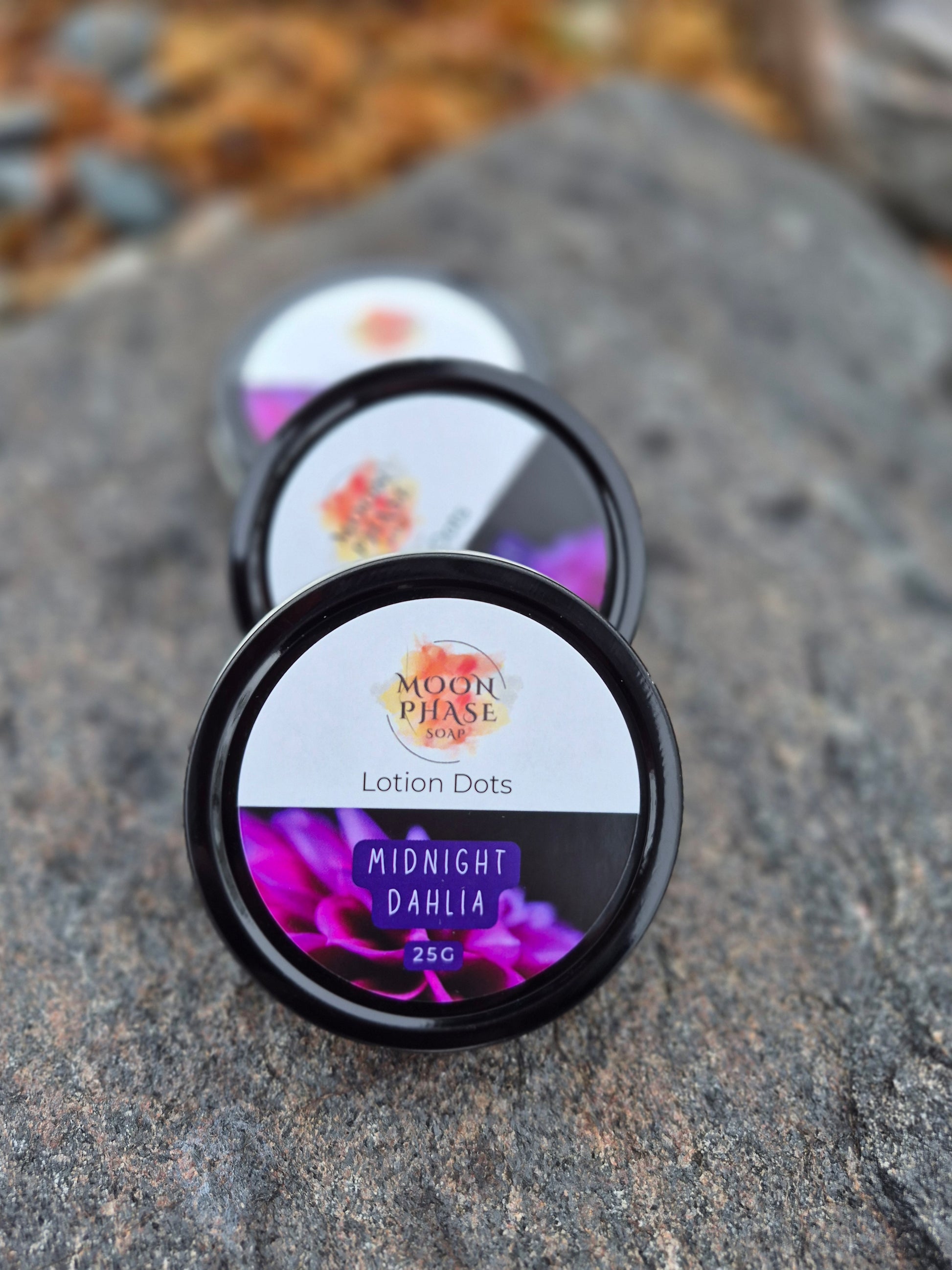 Open tin of Moon Phase Soap Midnight Dahlia Lotion Dots